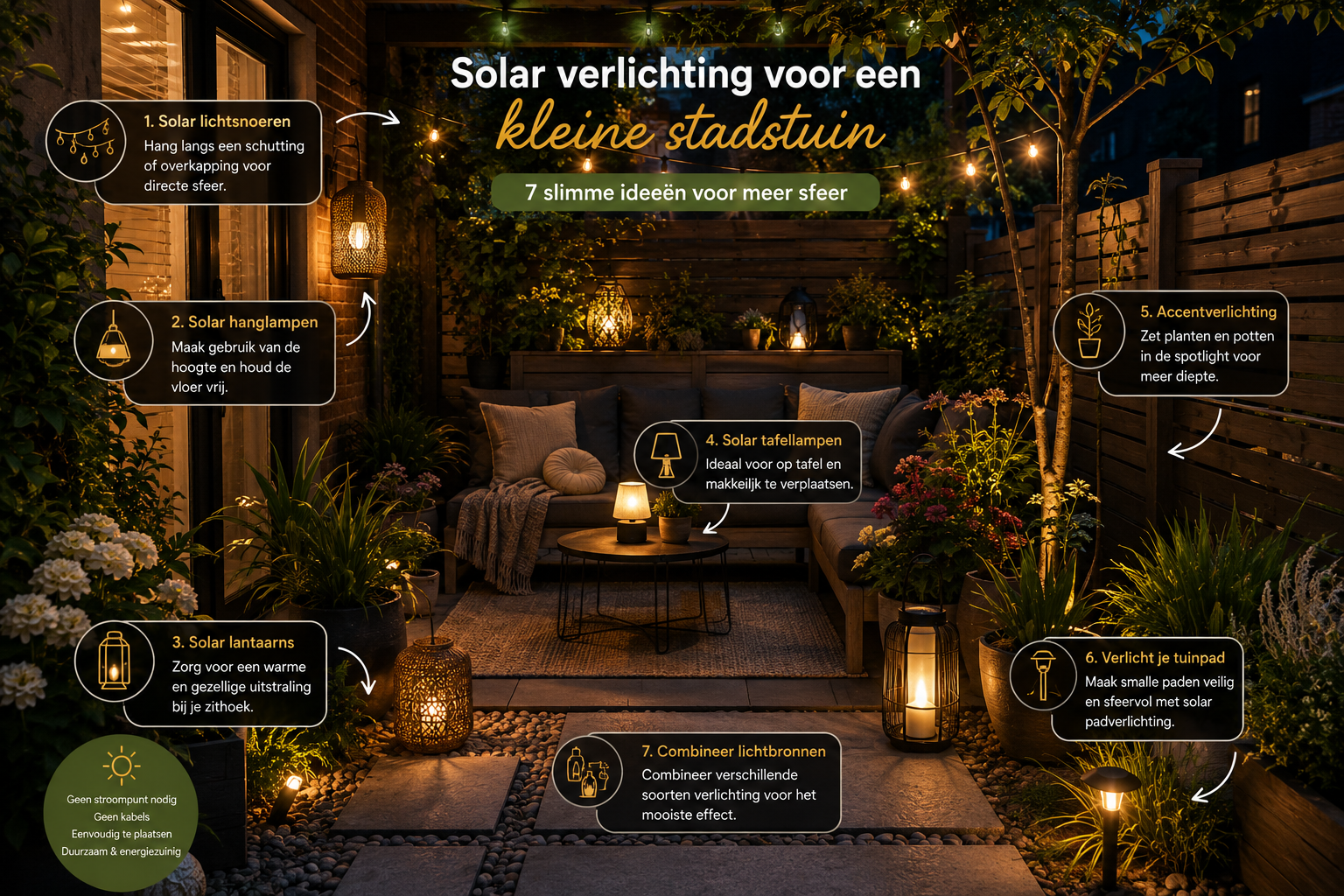 Solar verlichting voor een kleine stadstuin: 7 slimme ideeën voor meer sfeer