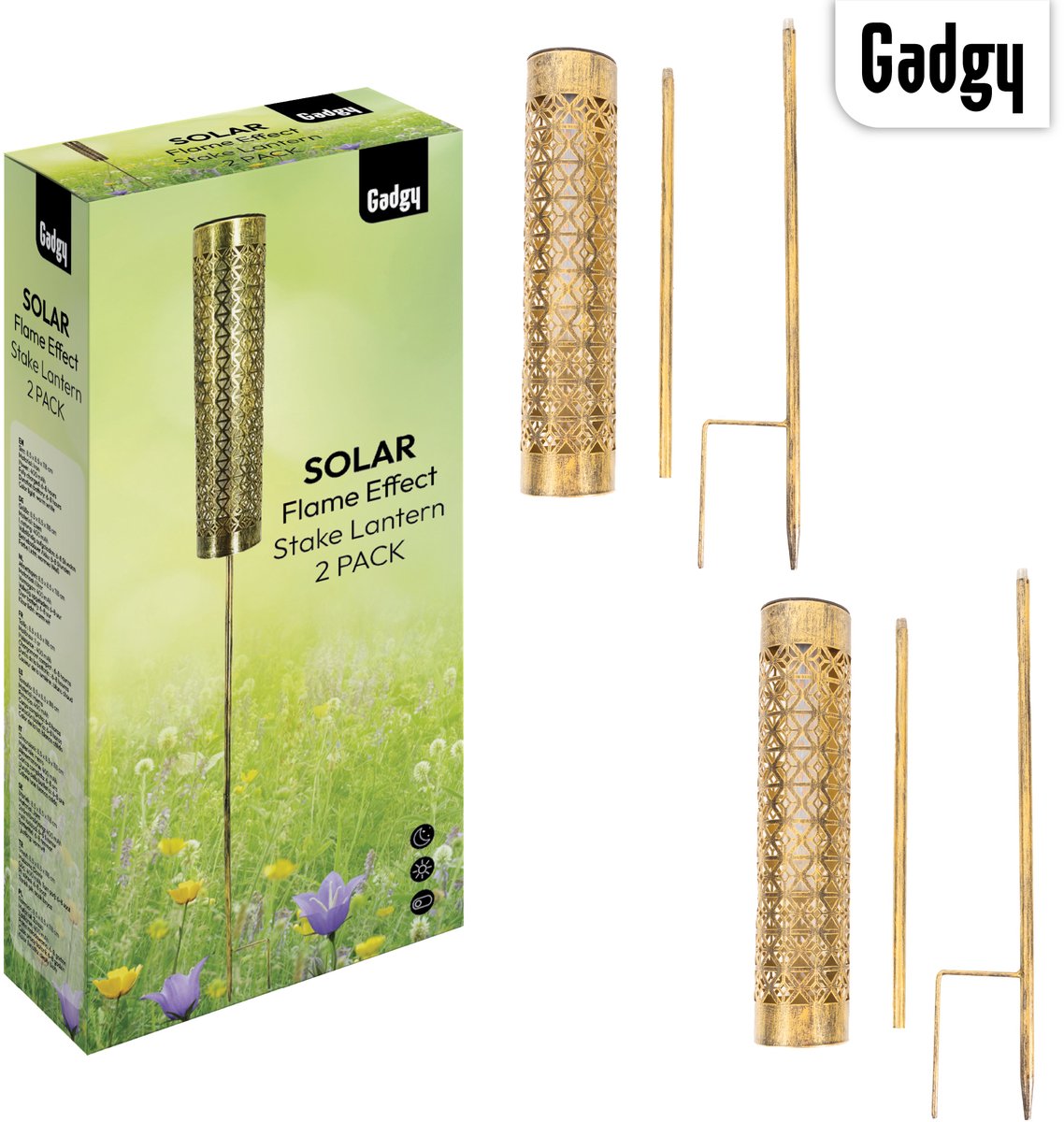 Solar Gartenstecker Metall Gold Flammeneffekt - 2er Set - 98 cm