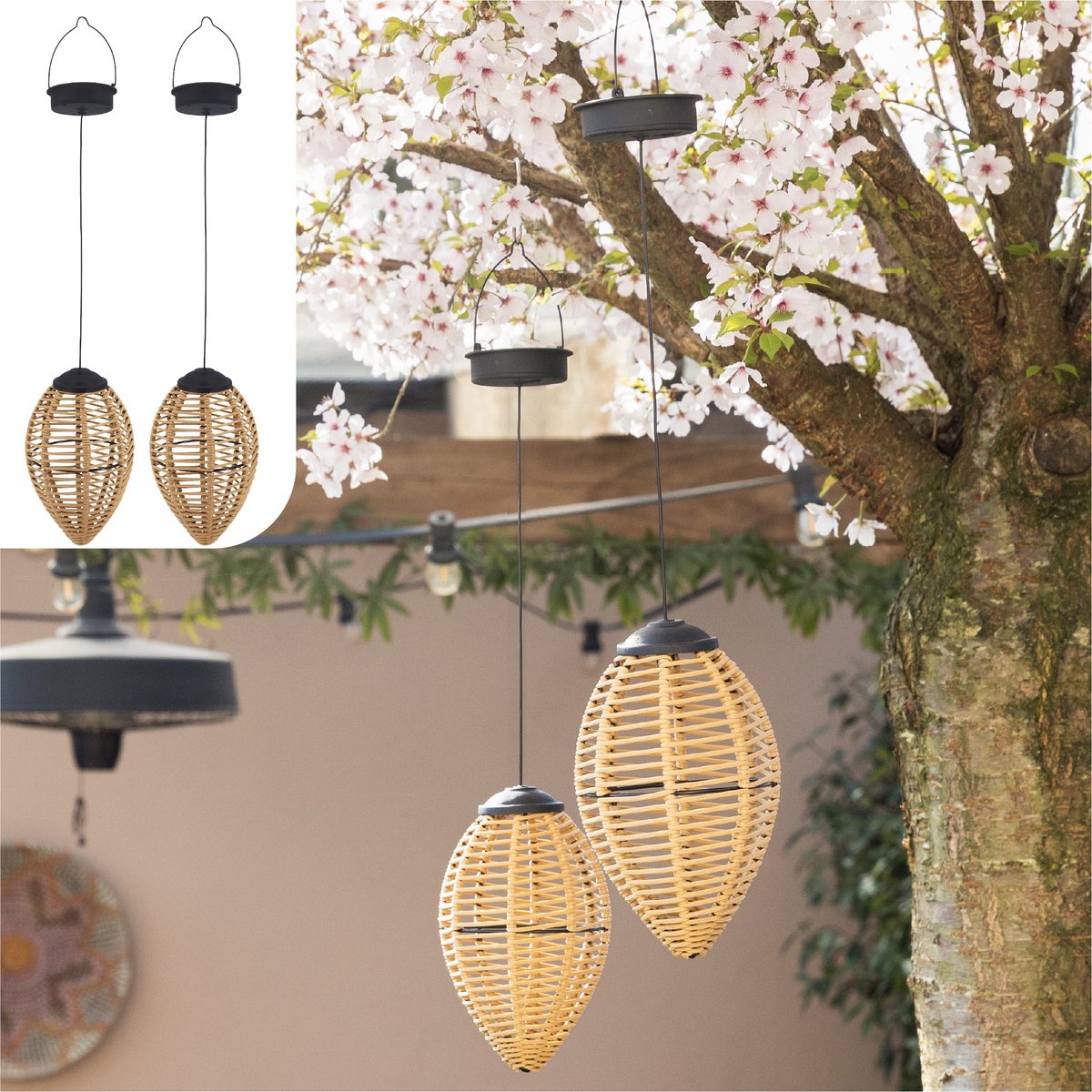 Solar-Hängelampen Rattan – 2er-Set